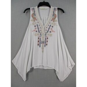 Lela Sky White Embroidered Asymmetrical Bohemian Sleeveless Top Womens size S